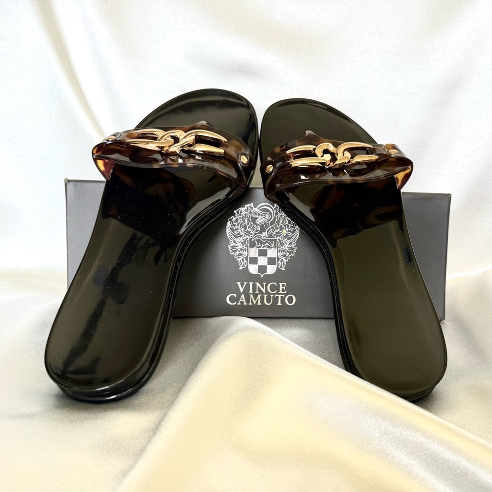 Vince Camuto Black and Gold Slide Sandals.